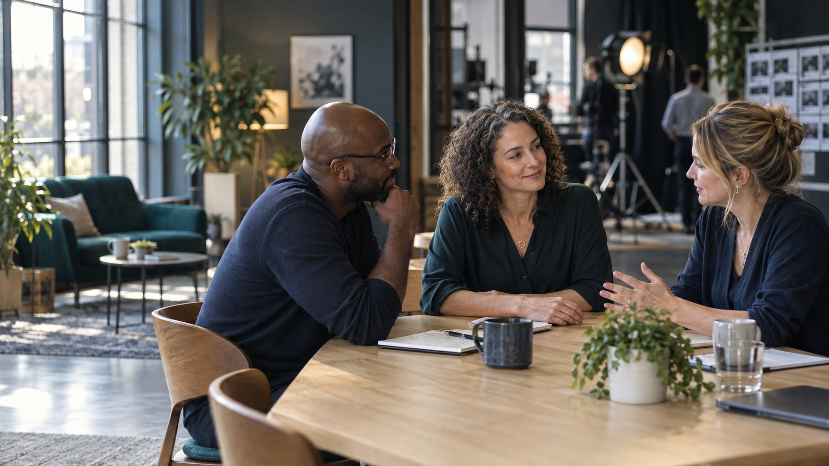 Mental health professionals in discussion in a television production workspace